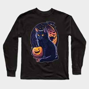 Halloween Black Cat with Pumpkin - Retro Meowloween Long Sleeve T-Shirt